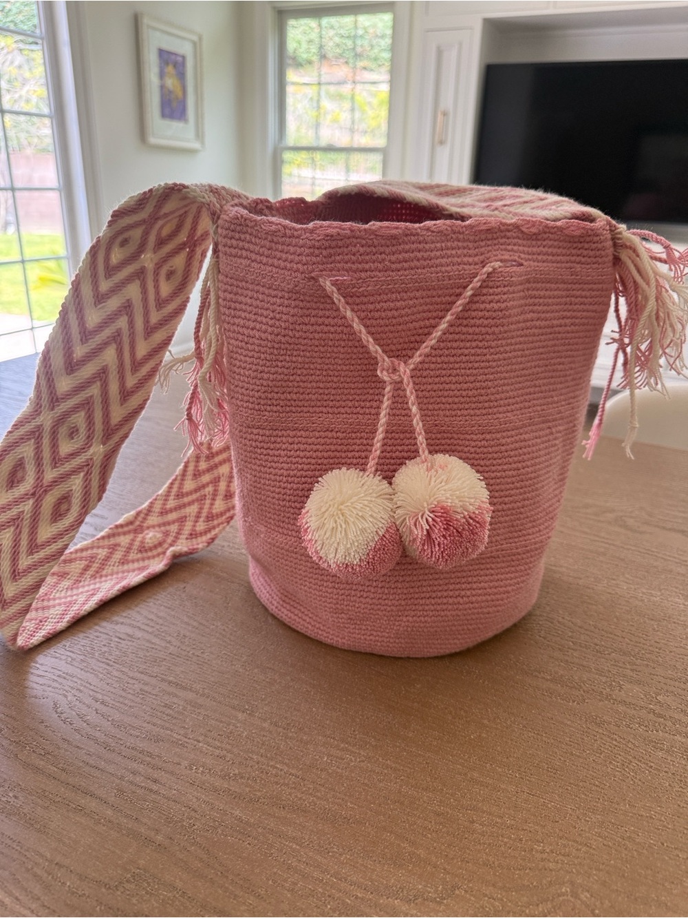 Handwoven Pink Women’s Shoulder Bag with Pom-Pom Accent